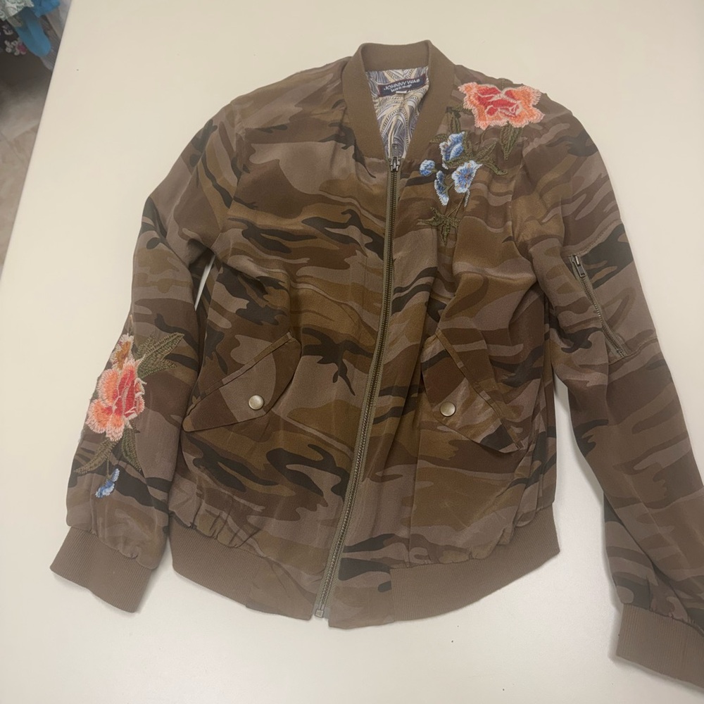 Johnny Was Brown silk bomber jacket.